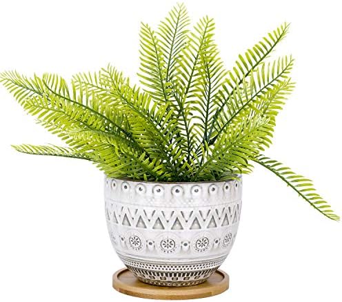 VanEnjoy 5.6 inch Large Round Bohemian Style Ceramic Planter, Geometry Engrave Off White Brown Succulent Planter Flower Pot, Indoor Outdoor Decorative Planter by VanEnjoy