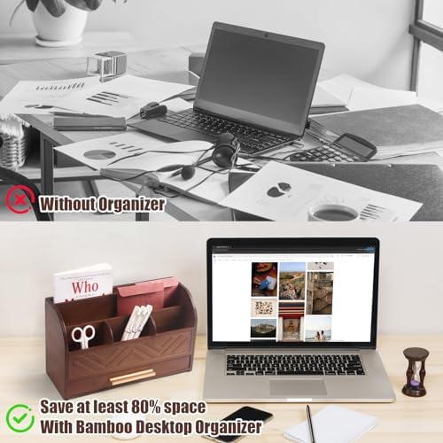 Brown Desktop Organizer with Drawer Storage, White Desk Organizer Mail Holder Mail Organizer Countertop Pen Holder Letter Sorter Make up Organizer for School Home Office Supplies - Image 5