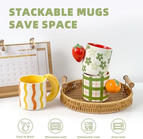DIF DECO Ceramic Coffee Mugs Set of 3, Stackable Funny Tea Cup with Unique Fruit Shape Aesthetic Mug with Handle for Latte/Cappuccino/Cocoa - Microwave and Dishwasher Safe (14oz) - Image 5