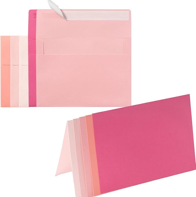 Wishop 50 Pack Pink 5x7 Self-Adhesive Envelopes with Fold Cards 5 Colors for Wedding Invitations and Greeting Cards (Pink 5 Colors, 5x7)