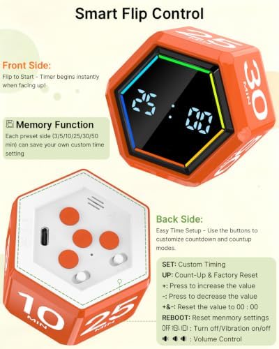 Rotating Pomodoro Timer Cube 3/5/10/25/30/50 min with Colorful Visual Bar - Image 7