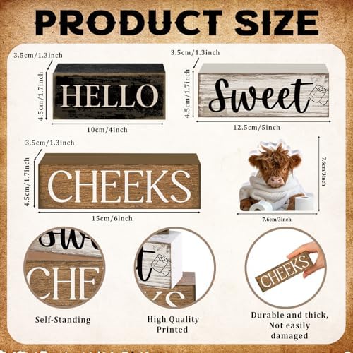 Moucuny 4 Pcs Highland Cow Bathroom Decor Wooden Signs, Farmhouse - Image 3