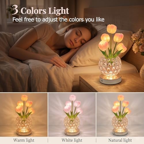 Tulip Night Light with Dazzling Crystal-Like Base, 3-Color Touch Control Flower Lamp, Stepless Dimming Rechargeable Floral Table Lamp, Aesthetic Romantic Gifts for Women Mom Wife (Pink) - Image 4