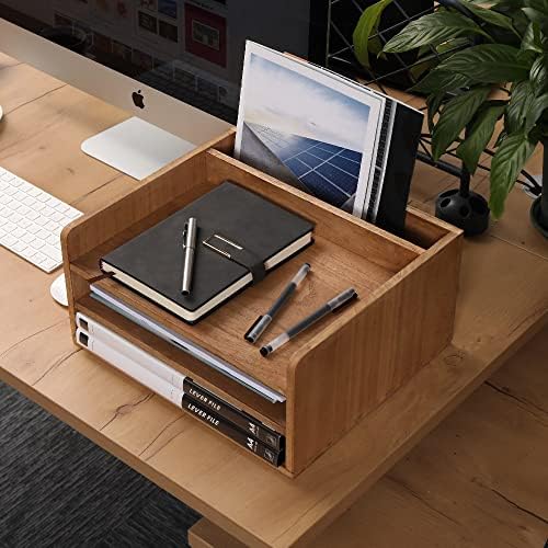 DDYURI 3 Tier Desktop Letter Tray for Office Desk Organizer and Accessories - Wood File Folder Holder for Paper Document Organizer Mail Sorter Workspace Counter Storage Book Shelf Light WJJ3K-LT - Image 2