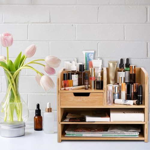 Frcctre Bamboo Desktop Organizer with Drawer, 3 Tier Wooden Desk File Document Organizer with Pen Holder, Tabletop Stationery Storage Organizer Storage Rack for Desk Accessories, Office Supplies - Image 5