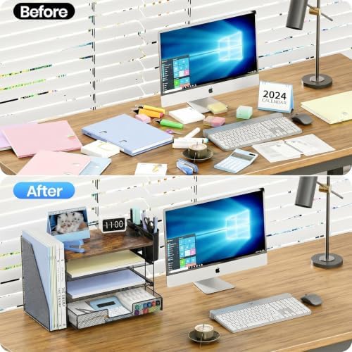 OPNICE Desk Organizer, 4-Tier Desktop File Organizer with Drawer and Pen Holders, Office Desk Accessories, File Sorters, Workspace Organizers for Office Supplies(Wood) - Image 4
