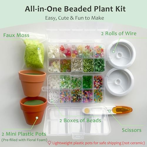 msamiagfn Beaded Plant Kit with Green Beads for Beaded Plants, Leaf Beads & Flower Beads (2 Mini Potted Plants) - Image 3