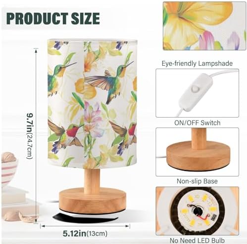 Fustylead Hummingbirds Colorful Flowers Bedside Table Lamps with USB Port for Bedroom Lamp Accent Table Lamp Small Nightstand Lamp Sturdy Linen Shade Wooden Base Decorative Lamps for Kids|Dorm|Home - Image 4