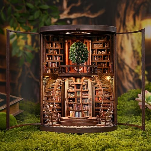 Premium Book Nook Kit, Tree Ring Nature Library Wooden Bookend with LED Lights, Detailed Forest Style 3D Diorama, Minimalist Literary Home Decor, Aesthetic Collectible Craft Gift for Adults Teens 14+ - Image 2