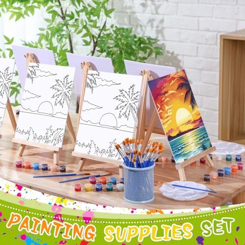Motipuns 6 Set Pre Drawn Canvas for Painting for Adults Sip and Paint Kit with Easels 8 x 10 Inches Paint Party Kit with Printed Canvas Paints Brushes Palette Apron(Seaside Sunset) - Image 2