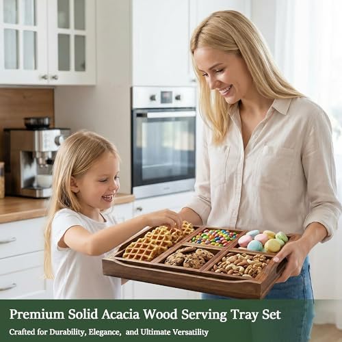 Acacia Wood Serving Tray with Handles for Ottoman Coffee Table - Image 2