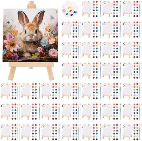Qilery 36 Set 4 x 4 Inch Mini Canvas Boards with Easel Painting Kit, Acrylic Paints Strips, Brushes, Palette, Oil Art Set for Acrylic Birthday Party Favors by Qilery