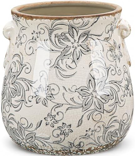 Ceramic Scroll Planter 6.5 Inch, Gray Camellia by Unknown