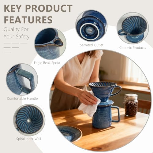 Ceramic Pour Over Coffee Maker Set, Starry Blue Coffee Dripper Cone with 40 Filters, 14 Ounces/400ml Pot - Image 2