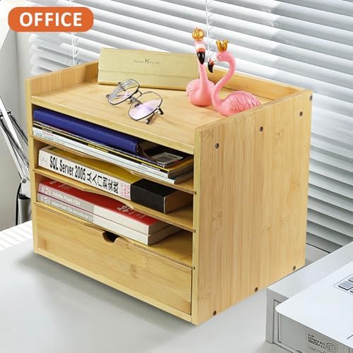 KKTONER 5-Tier Bamboo Desk Organizer with Drawer Tabletop File Organizer Document Holder with Shelf Desktop Cabinet for Home Office School Supplies (Natural) - Image 6