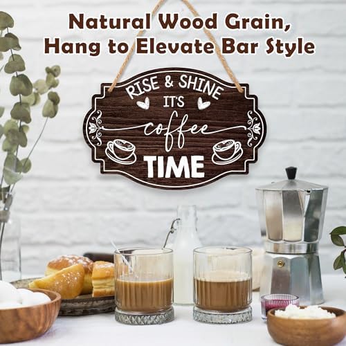 Coffee Bar Sign, Rise & Shine It's Coffee Time, 8 X 12 Inches Wooden Hanging Sign With A Hemp Rope, Kitchen Cafe Bar Station Door Decorations Wall Decor Accessories - Gifts For Friends Family - A06 - Image 3