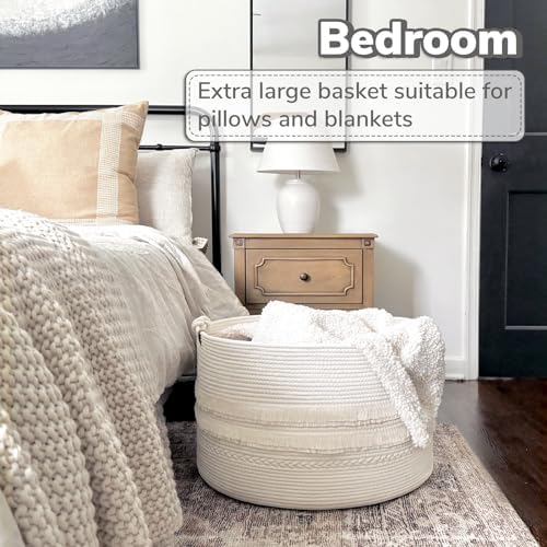 CherryNow 90L Large Woven Rope Blanket Basket with Tassel, 22" x 14", White - Image 3