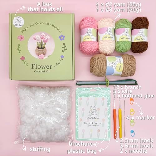 Lily's Lyric Flower Crochet Kit | Tulip Flowerpot | Step-by-Step Video Tutorial for Adults Teenagers | DIY Home Decoration Craft Gift Idea Pink - Image 3
