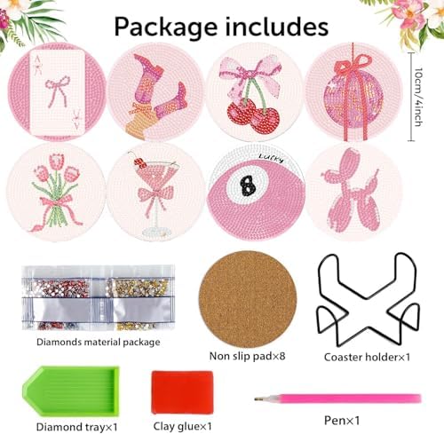 8 Pcs Pink Disco Diamond Art Coasters Kits, Diamond Painting Coasters Kits - Image 4