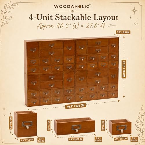 Modular Apothecary Cabinet with 48 Drawers I Stackable Library Card Catalog Organizer, Solid Wood Desktop Storage with Metal Label Holders for Makeup, Crafts, Oils, Tea & Office Supplies - Image 3