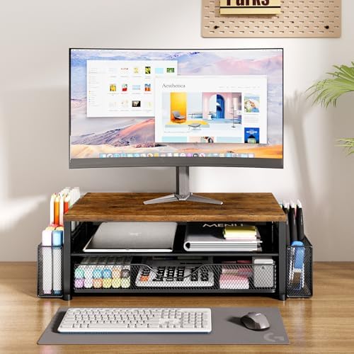 OPNICE Desk Organizer and Accessories, 2-Tier Computer Monitor Stand Riser with Drawer and 2 Pen Holders, Laptop Stand, Office Desk Accessories for Office Supplies, Brown - Image 2