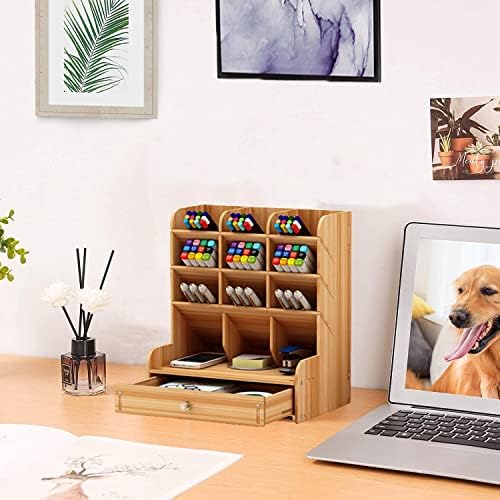 Marbrasse Wooden Desk Organizer, Multi-Functional DIY Pen Holder, Organizer for desk, Desktop Stationary, Easy Assembly, Home Office Art Supplies Storage with Drawer (B11-Cherry Color) - Image 2