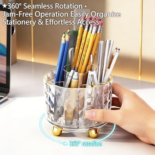 GOTOBA 360° Rotating Pencil Holder for Desk, Makeup Brush Holder with 6 Slots, Desk Organizer for Writing Utensil, Office and School Supplies (Transparent) - Image 2