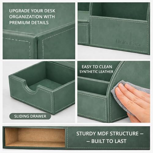 UnionBasic Desk Organizer - Multifunctional Leather Desktop Pen Holder Storage Box - Business Card/Pen/Pencil/Mobile Phone/Stationery Holder, Malachite Green - Image 2