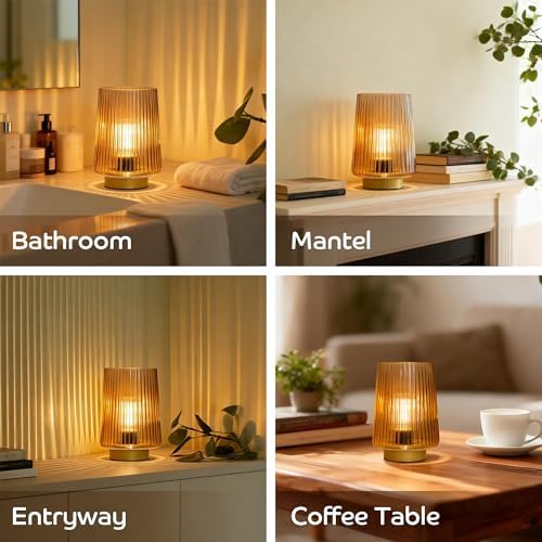 Battery Operated Lamp with Timer, Set of 2 Small Cozy Table Lamp Decorative Ambient Glass Lamp for Bedside & Home Decor, Aesthetic Cordless Battery Powered Accent Lamp for Living Room Shelf, Amber - Image 6