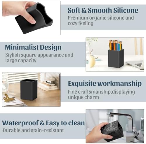 Pen Holder for Desk,Nordic Elegance Square Silicone Pencil Holder Soft Minimalist Desk Pen Cup Stand Waterproof Multifunctional Office Supplies for Home,Kids and School(Black) - Image 4