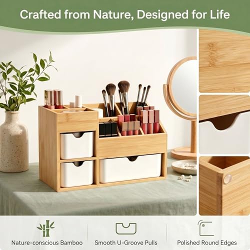 Bamboo Makeup Organizer with 3 Drawers & Adjustable Dividers, Desk Cosmetic Storage Box, Vanity Countertop Organizer for Bathroom, Office, Bedroom, Natural Bamboo Color (11.5x5.4in) - Image 5