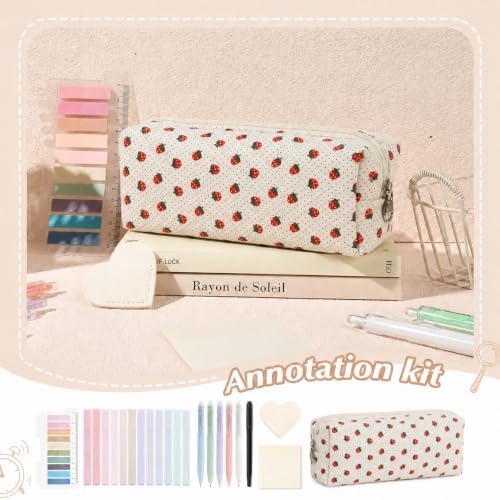 22Pcs Book Annotation Kit Aesthetic Pencil Case with Supplies School Annotation Supplies Gel Pen Transparent Sticky Note Taking Bible Study College Stationery Supplie (White Strawberry Dot) - Image 4