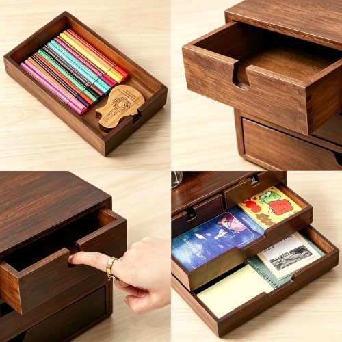 DEAYOU Bamboo Desk Organizer, 100% Natural Bamboo Desktop Drawer Organizer, Dark Brown Tabletop Storage Cabinet Organization Box with 4 Drawer for Makeup, Letter, Home, 3 Layer, Fully Assemble - Image 5
