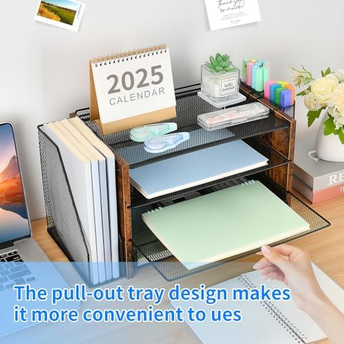 OPNICE Desk Organizer, 4-Tier Desktop File Organizer with Drawer and Pen Holders, Office Desk Accessories, File Sorters, Workspace Organizers for Office Supplies(Brown Wood) - Image 4