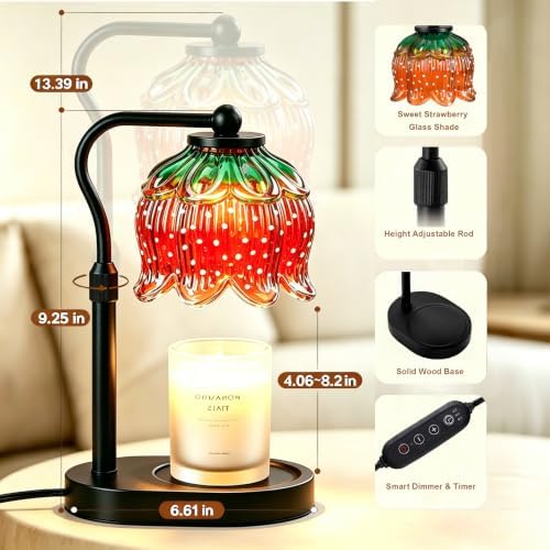 Briever Flower Candle Warmer Lamp, Adjustable Height Electric Candle Lamp with Timer & Dimmer, Wooden Base Wax Warmer, Christmas Birthday Housewarming Gifts for Women Mom, Black-Strawberry - Image 2