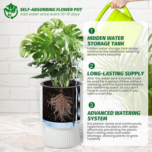 Garvee Self-Watering Planters, Set of 2, 14.2 Inch Tall Plant Pots - Image 2