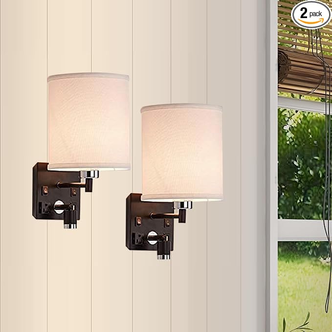 LEDMyplace Wall Sconces Set of 2 LED Indoor Wall Sconce, Bedside Light Fixture with USB Ports & Outlet, White Fabric Shade, Black Metal Finish Wall Lamps for Bedroom, Living Room