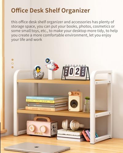 Office Desk Shelf Organizer, Wood Desktop Bookshelf Supplies Storage Rack, Shelf for Top of Desk and Dresser and Cubicle Decor Aesthetic Bookshelf (White White, Two Tier 19.69 Lx7.87 Wx15.16 H) - Image 3