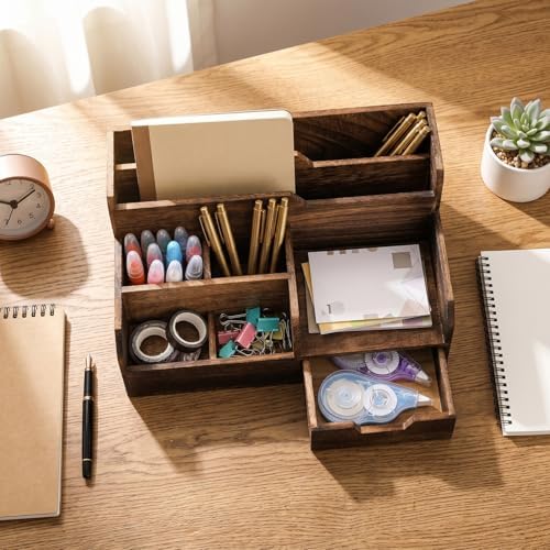 Pumtus Brown Wooden Desk Organizer, Mail Organizer with 7 Compartments and Drawer, Rustic Mail Sorter with Pen Holder, Tabletop Mail Basket, Office Accessories Holder for File Letter Document - Image 4