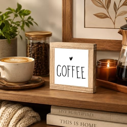 Coffee Decor Wooden Sign, Minimalist Coffee Heart Plaque, Small Farmhouse Shelf Sitter For Kitchen Counter, Coffees Station Tabletop Accent, Cafe Corner Home Decor, 5.9 x 5.9 in - Image 5