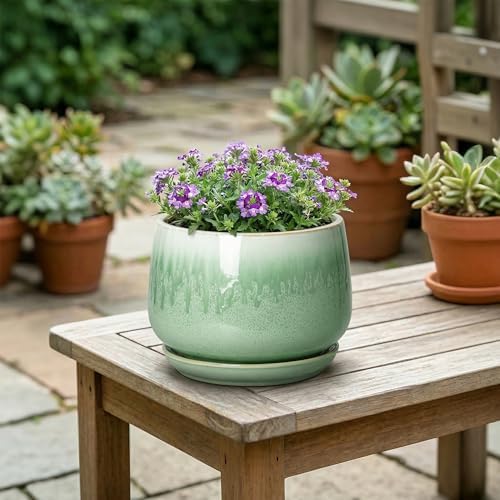 6 Inch Planter, Ceramic Plant Pots for Indoor Plants, Green - Image 4