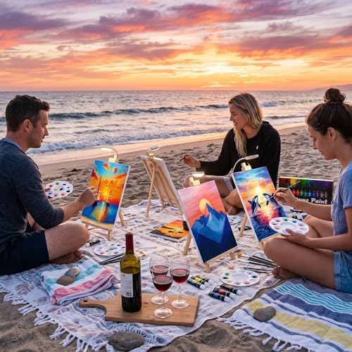 Cholemy 99 Pcs 16 Set Sip and Paint Kit for Adults 8"x 10" Pre Drawn Canvas Painting with Wooden Easel Pre Printed Canvas Painting Favor for DIY Birthday Gifts Adult's Date Party(Vivid Sunset) - Image 3