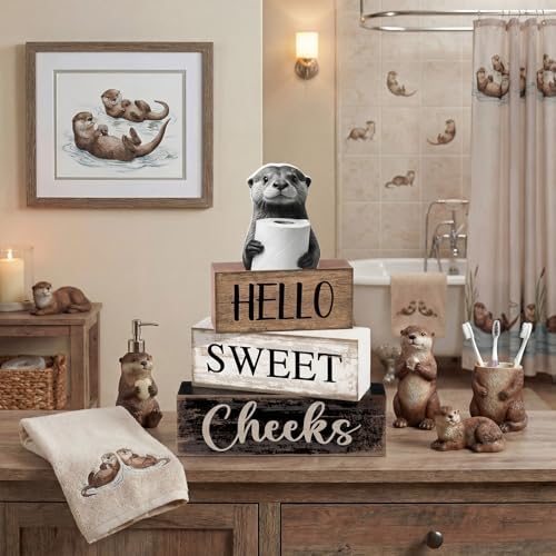 Moucuny 4 Pcs Otter Bathroom Decor Wooden Block Signs Hello Sweet Cheeks - Image 2