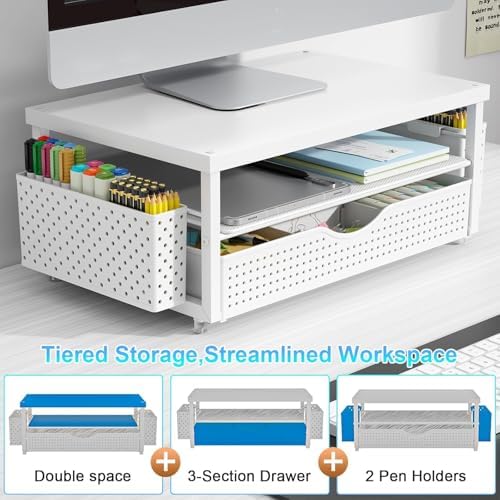 gianotter Desk Organizers and Accessories, Monitor Stand with Drawer and 2 Pen Holder, Desktop Organizer Suitable for Offices and Dormitories (White-Plain) - Image 3