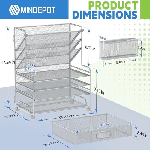 MINDEPOT 4-Tier Paper Organizer + 3-Pocket File Holder + Drawer + Pen Holders, Desktop File Organizers Paper Tray for Office Supplies School Classroom Organization (Silver, with Drawer & Pen Holder) - Image 2