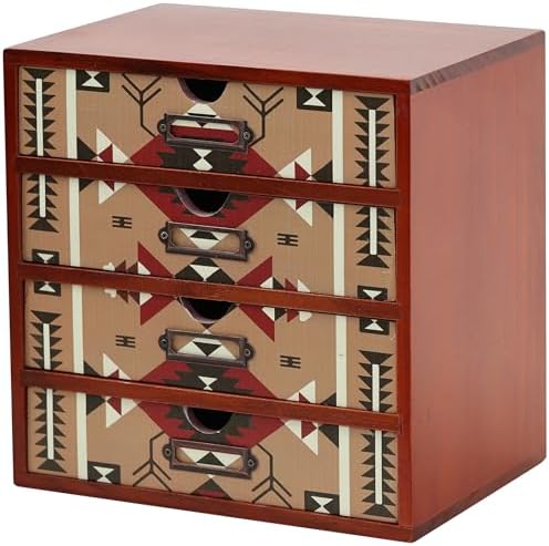 Boho Navajo Wooden Desk Organizer with Drawers – 4-Drawer Desktop Storage Box – Rustic Tribal Wood Desk Organizer for Office, Vanity, or Craft Supplies – Compact & Stylish Wooden Storage Drawers by Woodaholic