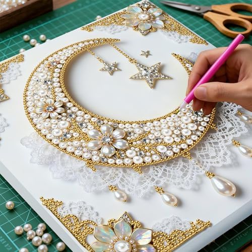 Pearl Art Kits Painting for Adults, DIY Mindfulness Therapy with Framed Canvas and Tools, Beginner Wall Decor-Moon - Image 4