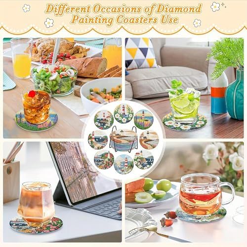 Clendo 8 Pcs Beach and Lighthouse Diamond Art Coasters Kits with Holder, Coast Diamond Painting Coasters Kits for Adults, DIY 5D Small Mini Diamonds Dots Kit Full Drill Art Craft Supplies 4X4 Inch - Image 5