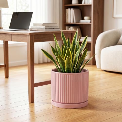 10 Inch Planter, Ceramic Pots for Plants, Round Plant Pots, Pink - Image 3