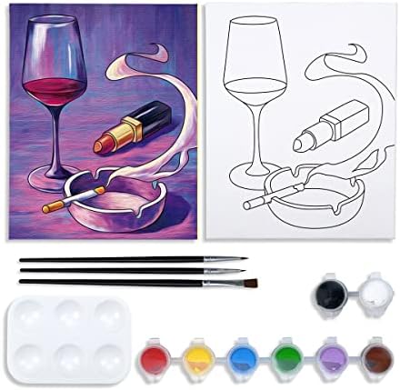 Canvas Painting Kit Paint and Sip Kit for Adults Pre Drawn Canvas for Painting DIY Paint Kit for Party Favor Wine Glass, Lipstic Painting Artwork（8x10） by Nuberlic